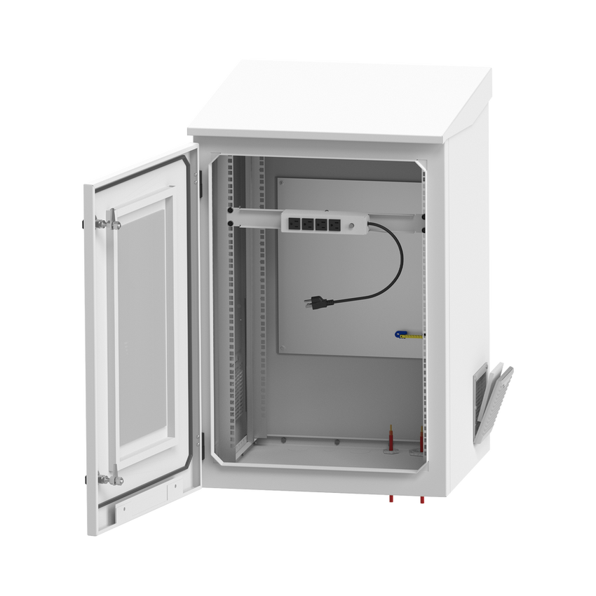 Gabinete de Exterior con Rack de 19" de 16U con Ventiladores y Termostato, Se envía el Gabinete Armado. (Montaje a poste o torre se vende por separado).