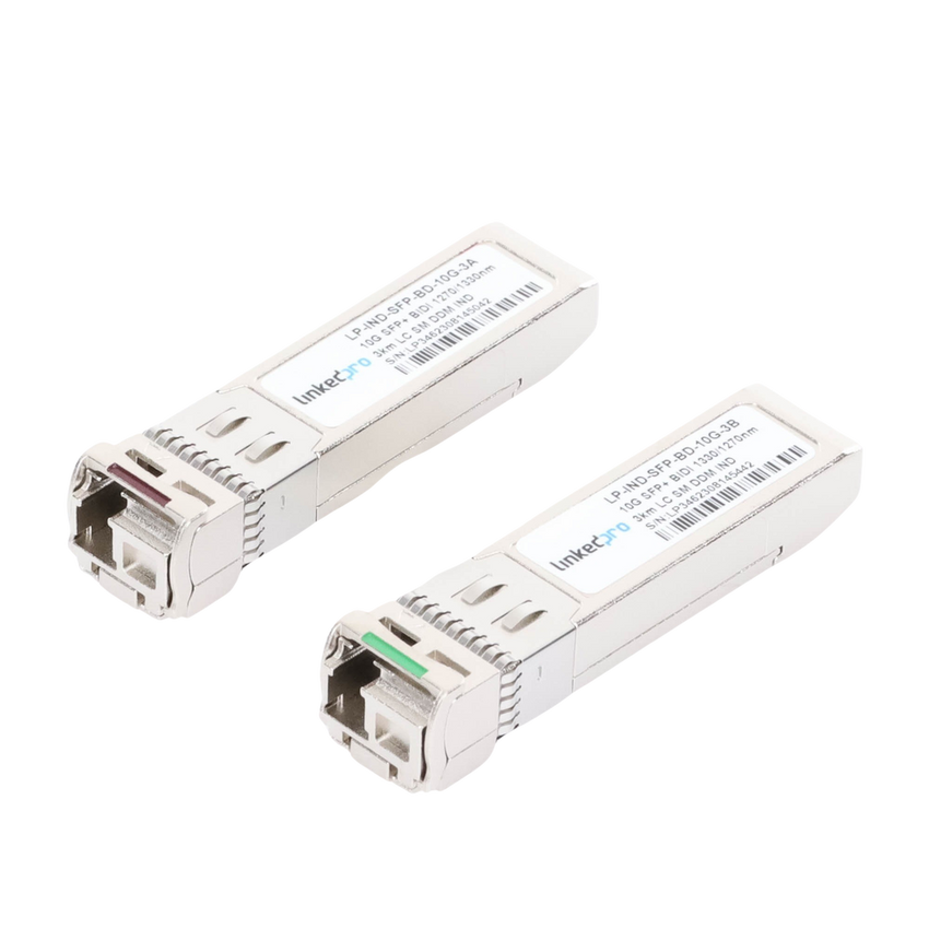 Transceptores Ópticos Industriales Bidireccionales SFP+ (Mini-Gbic) / Monomodo 1270 & 1330 nm / 10 Gbps / 10GBASE / Conector LC/UPC Simplex / DDM / Hasta 3 km / 2 Piezas