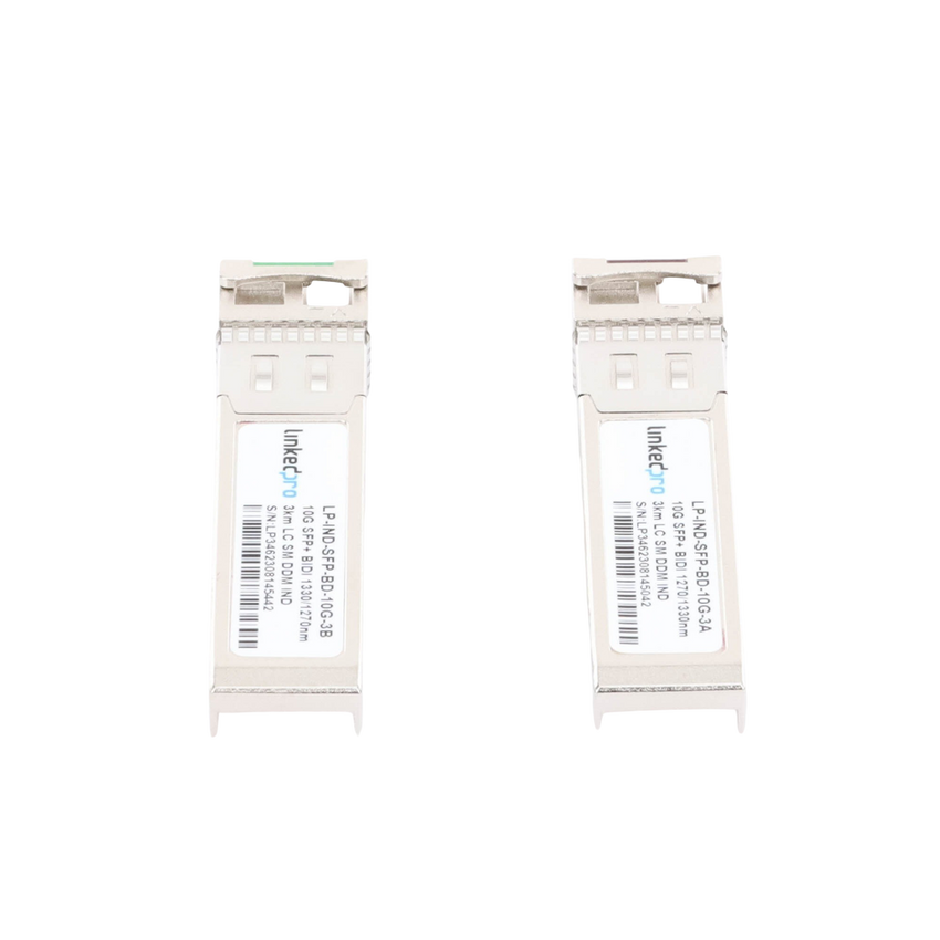Transceptores Ópticos Industriales Bidireccionales SFP+ (Mini-Gbic) / Monomodo 1270 & 1330 nm / 10 Gbps / 10GBASE / Conector LC/UPC Simplex / DDM / Hasta 3 km / 2 Piezas