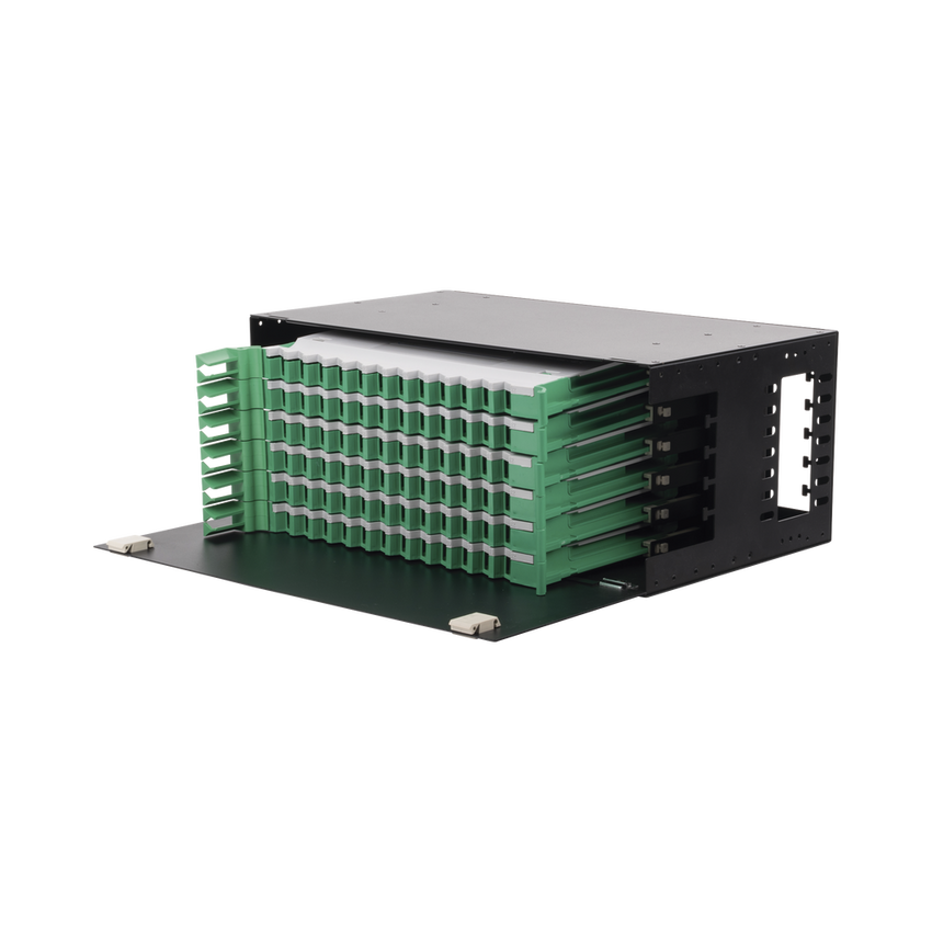 Distribuidor de Fibra Óptica con Bandejas Deslizables, Vacío, 19 Pulgadas, Acepta 72 Adaptadores LC Duplex o LC Simplex o 72 SC Simplex, 4U