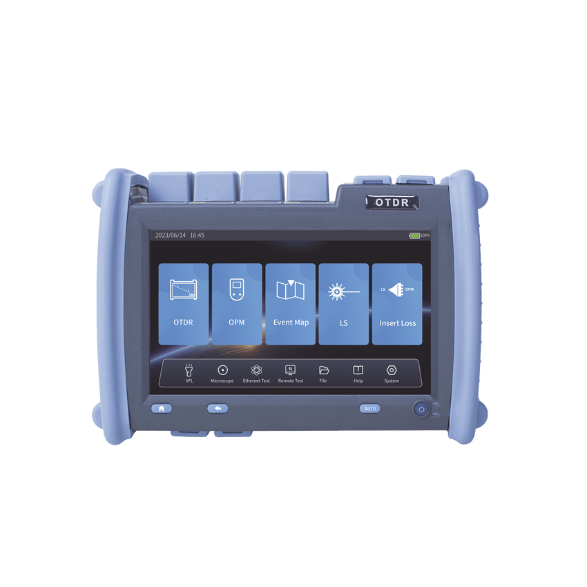 OTDR PRO de Alto Rendimiento para Enlaces de Fibra Óptica Monomodo / Pruebas en Fibra Óptica Viva / Longitudes de onda: 1310nm, 1550nm y 1625nm / Zona Muerta por Evento de 0.8 Metros / VFL 5mW / Distancia de prueba de hasta 420 km