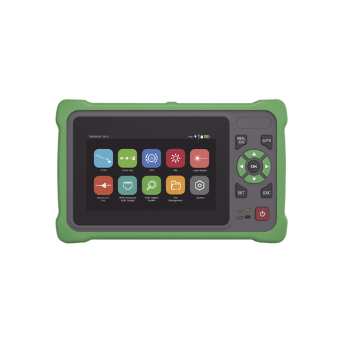 OTDR Touch para Pruebas en los Enlaces de Fibra Óptica / Longitudes de onda  1310nm y 1550nm / Función VFL 10mW / Función OPM / Función de Mapeo de cables de Red RJ45 / Recargable / Distancia de prueba de hasta 260km