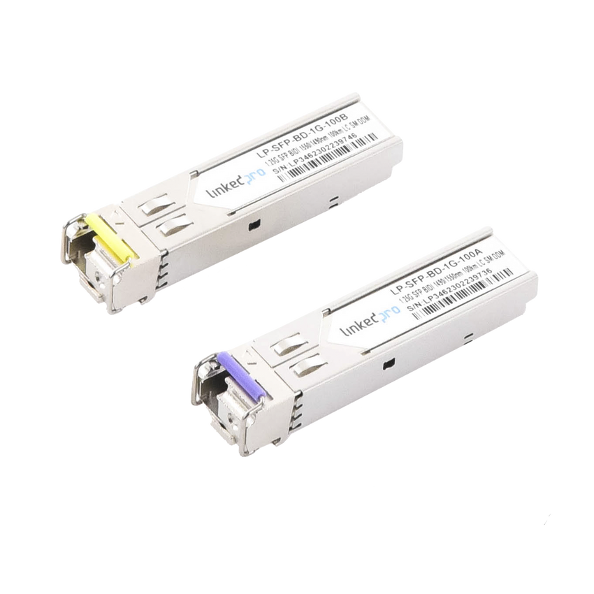 Transceptores Ópticos Bidireccionales SFP (Mini-Gbic) / Monomodo 1490 & 1550 nm / 1.25 Gbps / 1000BASE-BX / Conector LC/UPC Simplex / DDM / Hasta 100 km / 2 Piezas