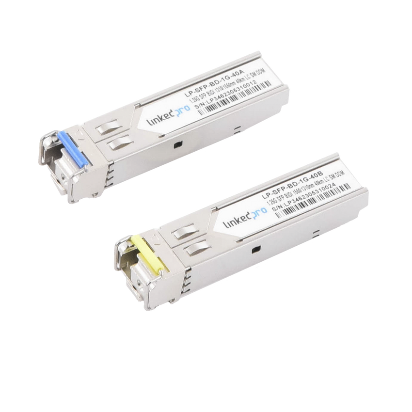 Transceptores Ópticos Bidireccionales SFP (Mini-Gbic) / Monomodo 1310 & 1550 nm / 1.25 Gbps / 1000BASE-BX / Conector LC/UPC Simplex / DDM / Hasta 40 km / 2 Piezas