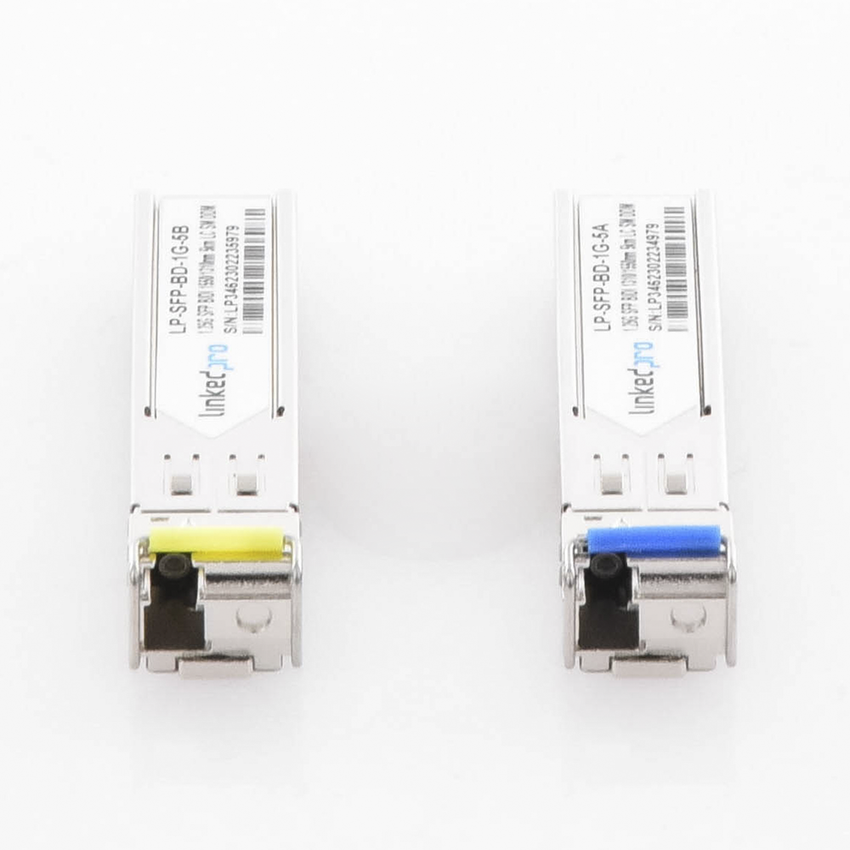 Transceptores Ópticos Bidireccionales SFP (Mini-Gbic) / Monomodo 1310 & 1550 nm / 1.25 Gbps / 1000BASE-BX / Conector LC/UPC Simplex / DDM / Hasta 5 km / 2 Piezas