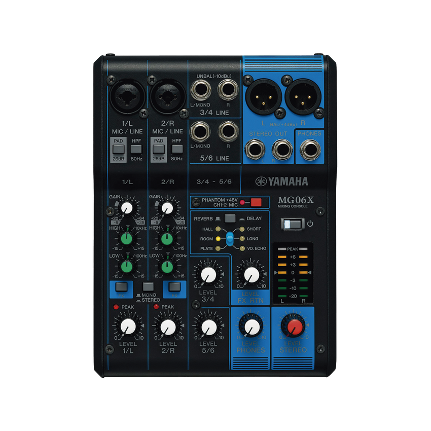 Mezcladora de Audio | 6 Canales | 2 entradas de micro/6 de línea (2 mono + 2 estéreo) | Efectos Integrados | Alimentación Phantom