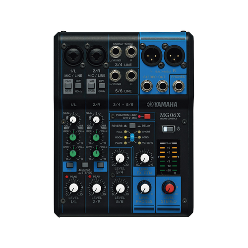 Mezcladora de Audio | 6 Canales | 2 entradas de micro/6 de línea (2 mono + 2 estéreo) | Efectos Integrados | Alimentación Phantom