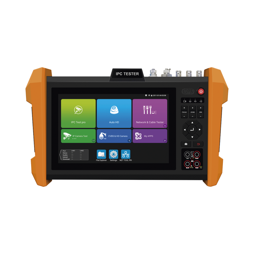 Probador de Vídeo con Pantalla LCD de 7" para IP ONVIF / 8MP TVI + 8MP CVI + 8MP AHD + SDI/EX�?�SDI + Multímetro + Cable TDR / Prueba de Red de Fibra Óptica + Medidor de Distancia Laser + Cámara Integrada