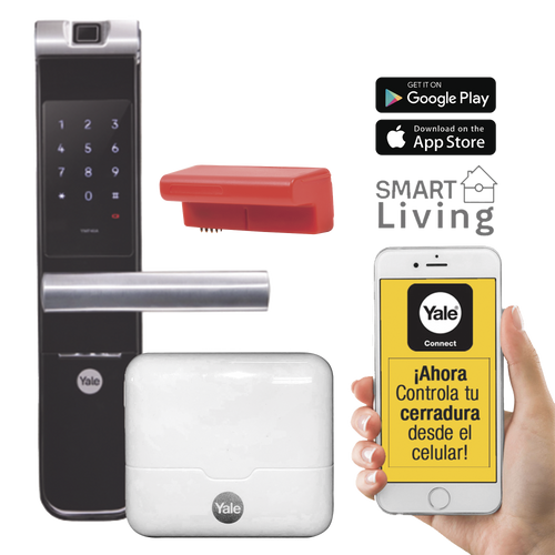 Kit Cerradura con manija YMF40A y HUB, Apertura por,  Código, Biometría y apertura por SMARTPHONE, Para puertas de 35 a 90 mm de espesor