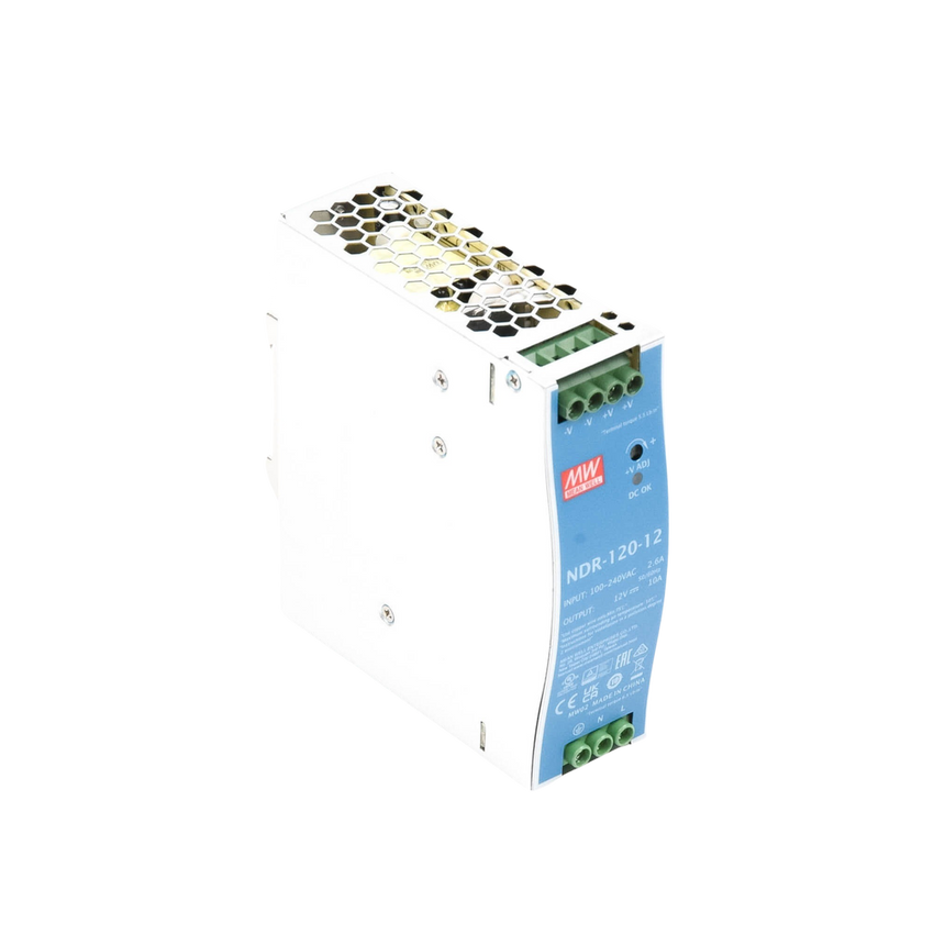 Fuente de poder industrial de 120 W, salida 12 Vcc, entrada 90~264 VCA, para montaje en riel DIN,