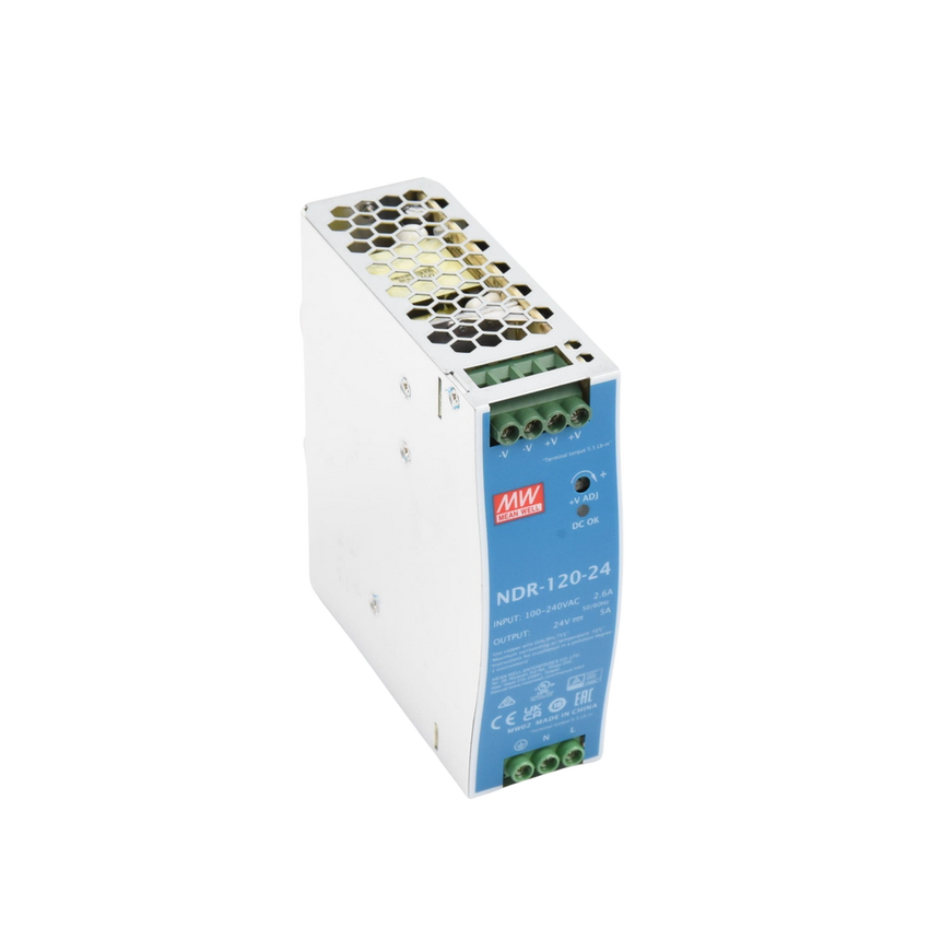 Fuente de poder industrial de 120 W, salida 24 Vcc 5A, entrada 90~264 VCA, Montaje en riel DIN,