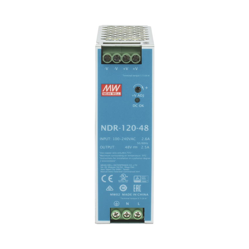 Fuente de poder industrial de 120 W, salida 48 Vcc, entrada 90~264 VCA, para montaje en riel DIN,