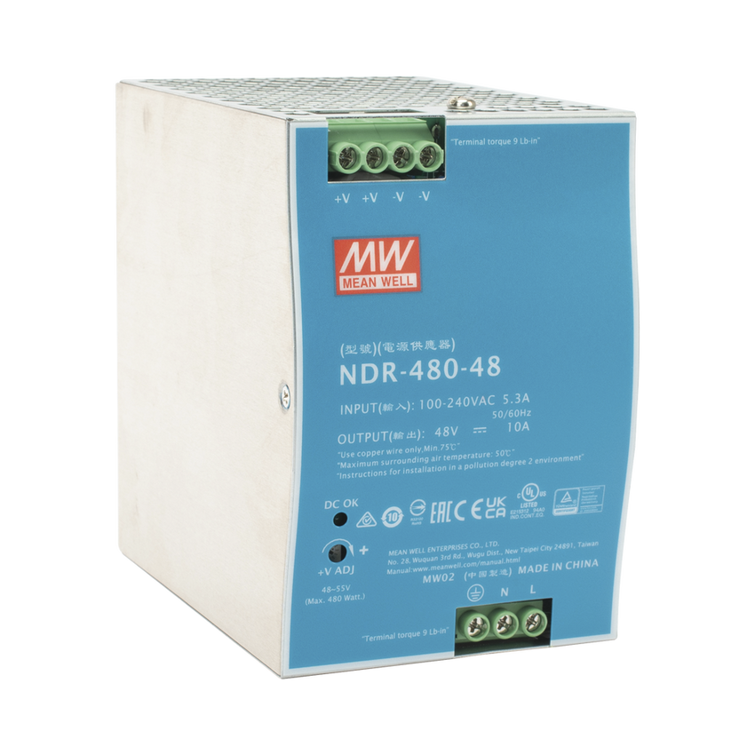 Fuente de Poder Industrial de 480W, salida 48 Vcc, para montaje en riel Din