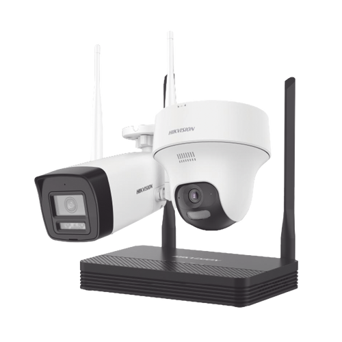 Kit IP Inalámbrico 4 Megapixel / NVS 4 Canales / 1 Cámara Bala Exterior + 1 Cámara Turret Interior con Lente 2.8 mm y Dual Light / Audio Bidireccional (Micrófono y Bocina) / Soporta Micro SD de 512 GB