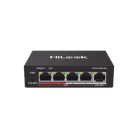 Switch PoE+ / No Administrable / 4 Puertos 10/100 Mbps PoE+ (af / at) / 1 Puerto 10/100 Mbps Uplink / Modo Extendido hasta 250 Metros / 35 Watts