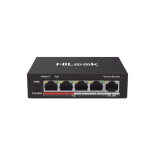 Switch PoE+ / No Administrable / 4 Puertos 10/100 Mbps PoE+ (af / at) / 1 Puerto 10/100 Mbps Uplink / Modo Extendido hasta 250 Metros / 35 Watts