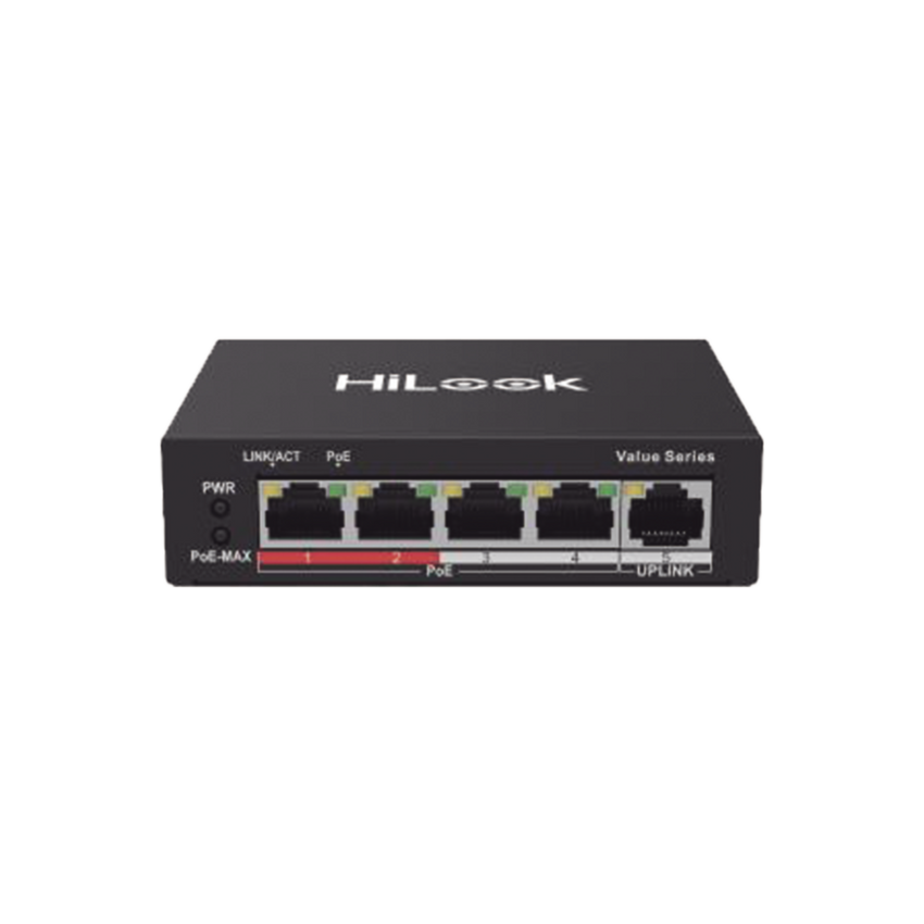 Switch PoE+ / No Administrable / 4 Puertos 10/100 Mbps PoE+ (af / at) / 1 Puerto 10/100 Mbps Uplink / Modo Extendido hasta 250 Metros / 35 Watts