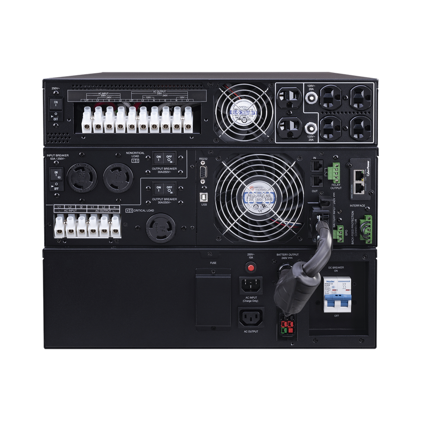 UPS de 10000 VA/10000 W, Online Doble Conversión, 200 - 240 Vac de Entrada, 120 - 240 Vac de Salida, Entrada Hardwired, Onda Senoidal Pura, Torre o Rack de 8 UR, Con 6 Tomas NEMA 5-20R, 3 NEMA L6-30R y Terminal Hardwire