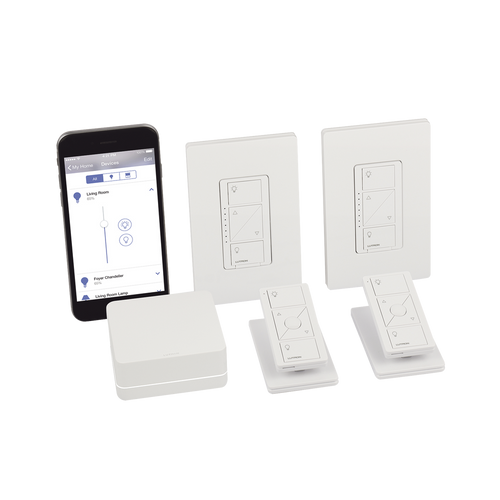(Caseta Wireless) Kit Hub controlador, 2 atenuadores, 2 controles remotos, 2 base mesa y 2 tapas.