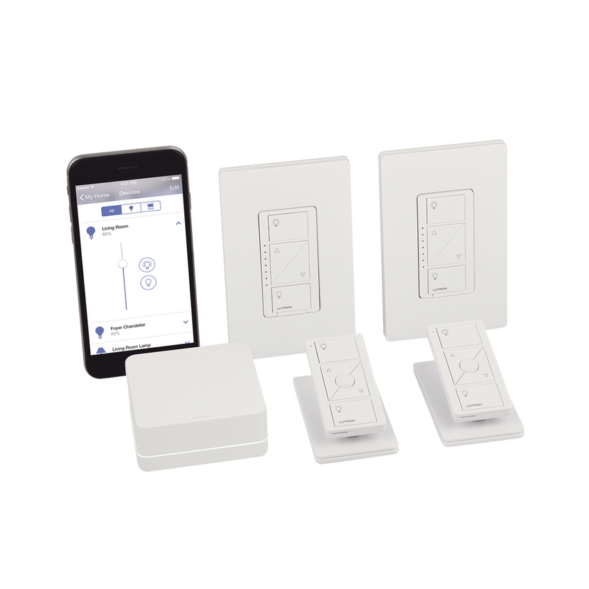 (Caseta Wireless) Kit Hub controlador, 2 atenuadores, 2 controles remotos, 2 base mesa y 2 tapas.