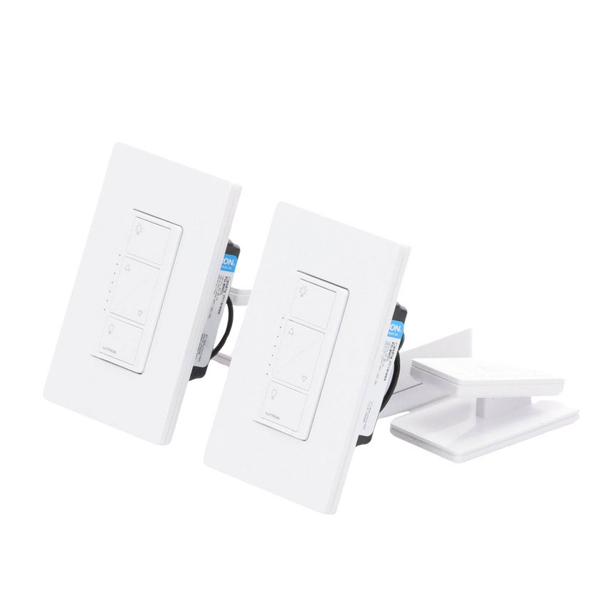 (Caseta Wireless) Kit Hub controlador, 2 atenuadores, 2 controles remotos, 2 base mesa y 2 tapas.
