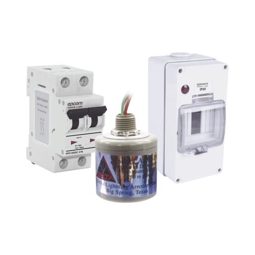 Kit de Centro de Carga Para Corriente Directa, Breaker de hasta  800 Vcc de 16 A con Supresor de Descargas Atmosféricas.