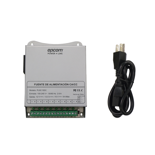 Fuente de Poder Metálica / Para 8 Cámaras / Ajustables a 12 o 13.5 o 15 Vcc / 8 Amperes / Instalación en Pared.