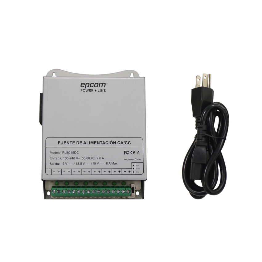 Fuente de Poder Metálica / Para 8 Cámaras / Ajustables a 12 o 13.5 o 15 Vcc / 8 Amperes / Instalación en Pared.