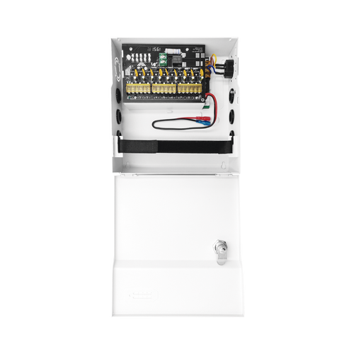 Fuente de Poder con ajuste de voltaje de 11- 15 Vcc / 10 A / 9 Salidas / Capacidad de Batería de Respaldo / Requiere Batería / Voltaje de Entrada 96-264 Vca