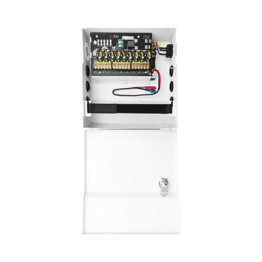 Fuente de Poder con ajuste de voltaje de 11- 15 Vcc / 10 A / 9 Salidas / Capacidad de Batería de Respaldo / Requiere Batería / Voltaje de Entrada 96-264 Vca