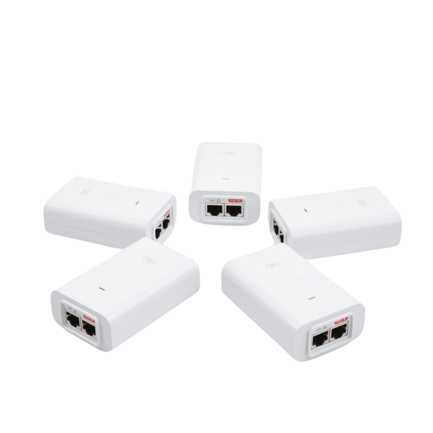 5 Unidades del Adaptador PoE Ubiquiti de 24 VDC, 0.5 A con puerto Gigabit, color blanco