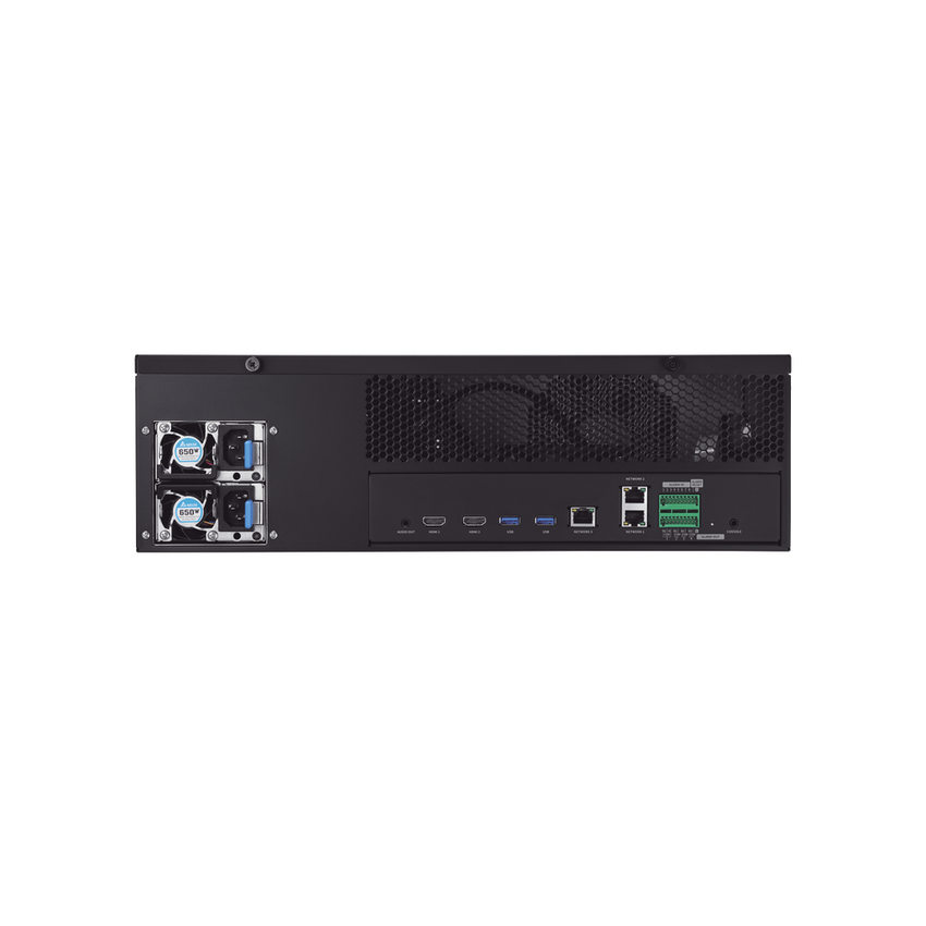 NVR de 64 canales /  Hasta 32 MP / H.265 & Wisestream / Procesamiento 400 Mbps / 3 Puertos de Red / Raid 5-6 / 16 bahias para disco duro (no incluidos)