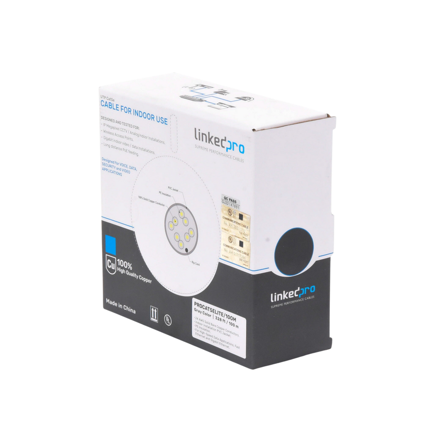 Bobina de Cable de 100 Metros (328.08 Pies), Cat5e, 24 AWG, Color Gris, UL, para Aplicaciones en Videovigilancia, Redes de Datos. Uso Interior