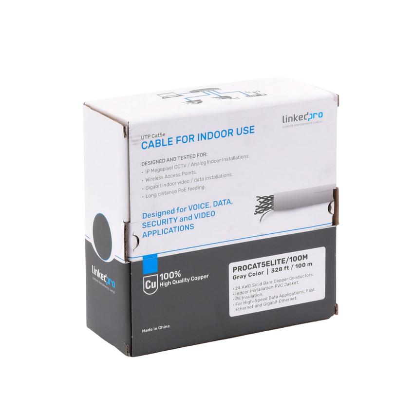 Bobina de Cable de 100 Metros (328.08 Pies), Cat5e, 24 AWG, Color Gris, UL, para Aplicaciones en Videovigilancia, Redes de Datos. Uso Interior