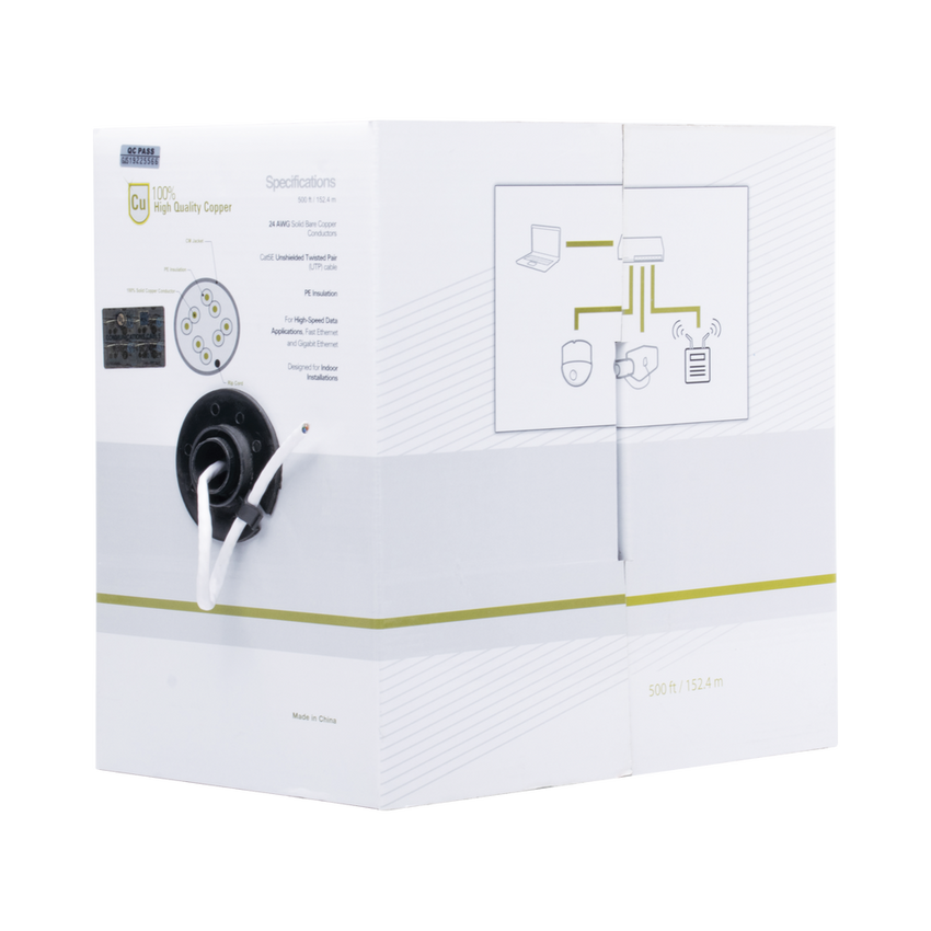 Cable Cat5e de Alto Rendimiento Certificaciones ETL, UL, de 152.5 Metros (500 Pies) de Color Blanco, para Aplicaciones en Video Vigilancia, Redes de Datos. Uso Interior.