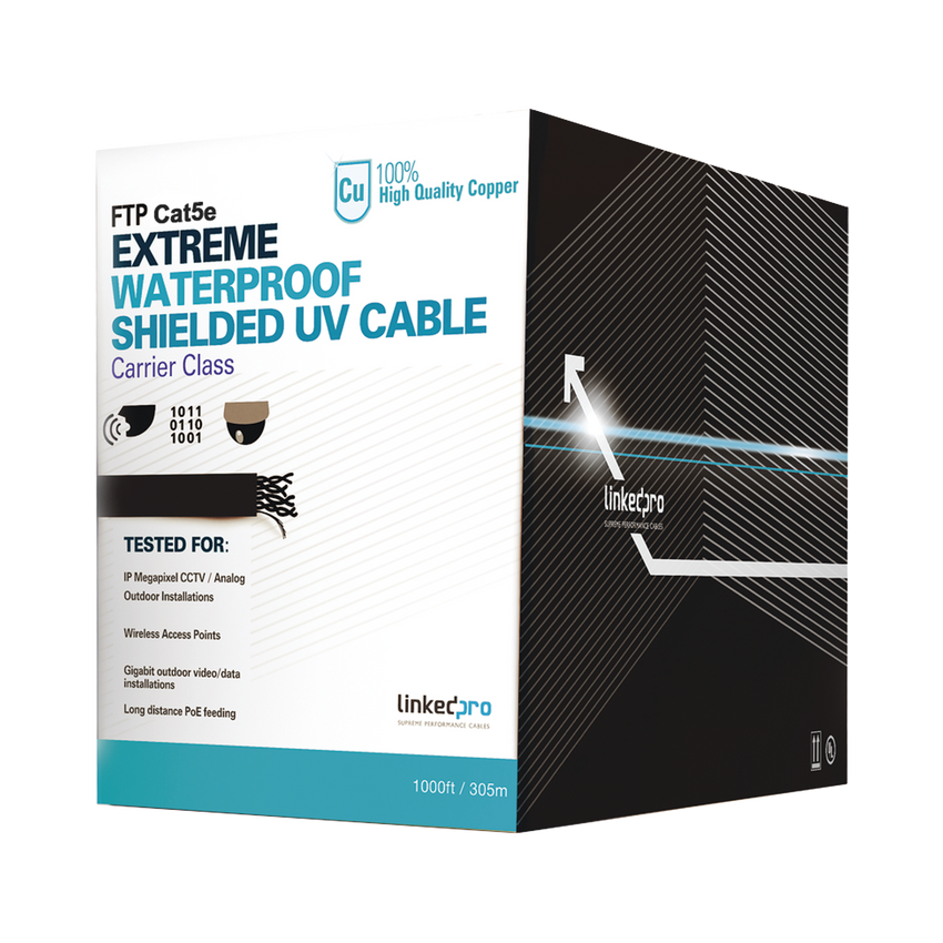 Bobina de cable de 305 m, Cat5e, color negro, sin blindar, para aplicaciones de video vigilancia, redes de datos. Uso en intemperie