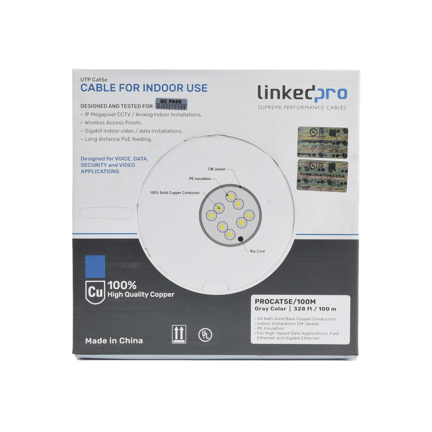 Cable Cat5e de Alto Rendimiento, con Certificaciones ETL, UL, Color Gris, de 100 Metros (328 Pies) para Aplicaciones en CCTV, Redes de Datos. Uso Interior.