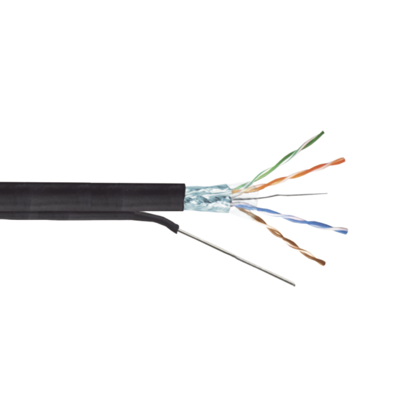 Bobina de Cable FTP con Mensajero de Acero de 305 Metros (1000 Pies) Cat6+ Calibre 23, Color Negro, para Aplicaciones en Video Vigilancia y Redes de Datos / Uso en Intemperie y Aplicaciones Aéreas