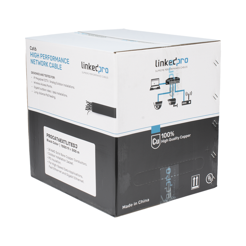 Bobina de Cable UTP 305 Metros (1000 Pies), Cat6 con Doble Forro, para Exterior, Climas Extremos, Color Negro