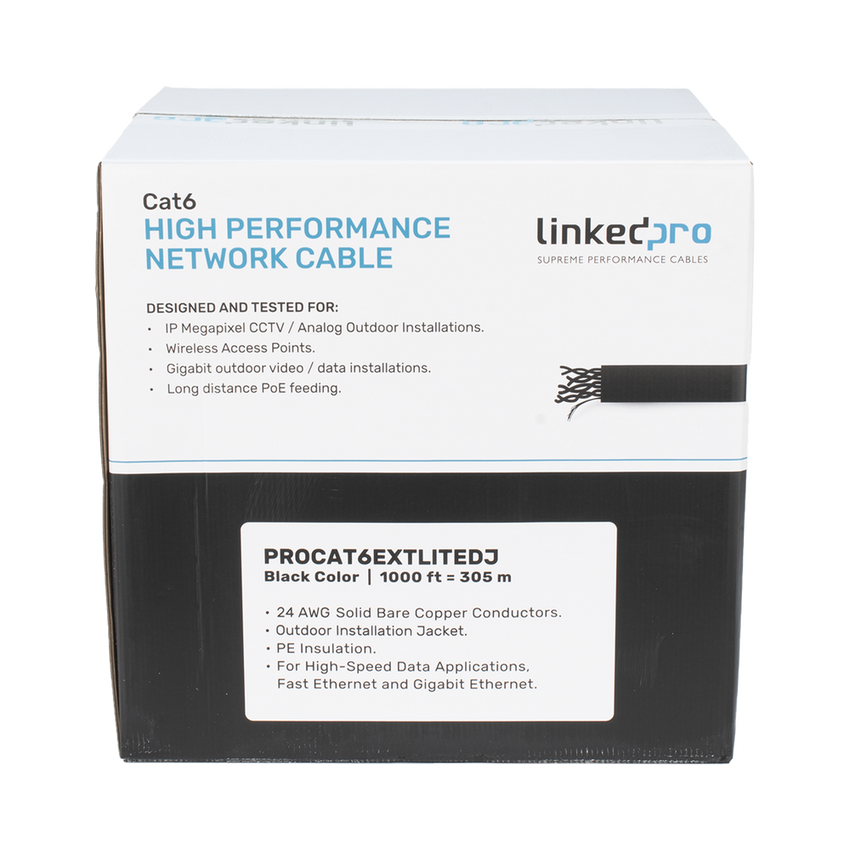 Bobina de Cable UTP 305 Metros (1000 Pies), Cat6 con Doble Forro, para Exterior, Climas Extremos, Color Negro