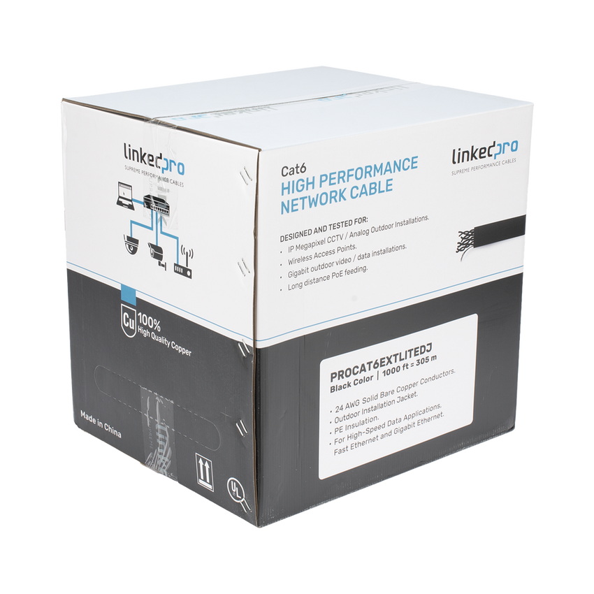 Bobina de Cable UTP 305 Metros (1000 Pies), Cat6 con Doble Forro, para Exterior, Climas Extremos, Color Negro