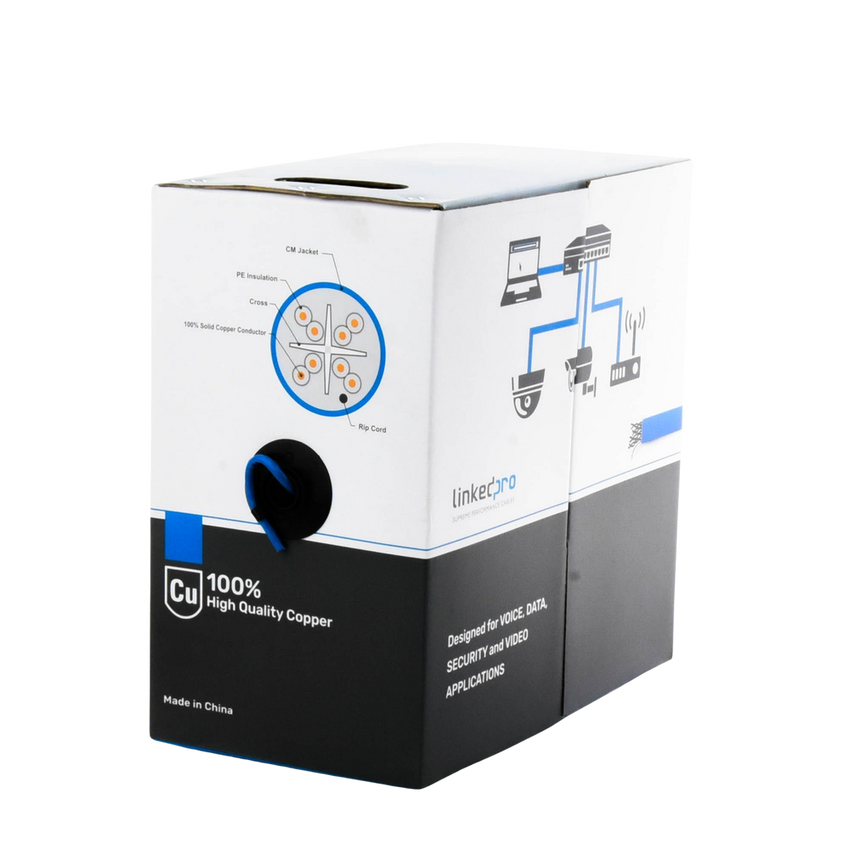 Bobina de Cable de 305 Metros (1000 Pies) Cat6+, CM, Calibre 23 Alto Rendimiento, ETL, UL, Color Azul, Super Flexible, para Aplicaciones de Video Vigilancia, Video HD, y Redes de Datos. Uso Interior.