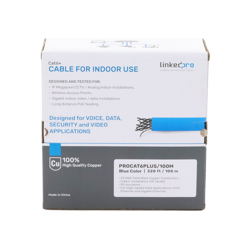 Cable Cat6+ Calibre 23 Alto Rendimiento, ETL, UL, Color Azul, de 100 Metros (328.08 Pies), Super Flexible, para Aplicaciones de CCTV, Video HD, y Redes de Datos.