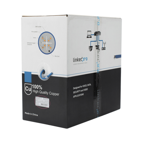 Bobina de cable de 305 metros Cat6+, CMR, CALIBRE 23 ALTO RENDIMIENTO, ETL,UL, color azul, super flexible, para aplicaciones de video vigilancia, video HD, y redes de datos. Uso interior.