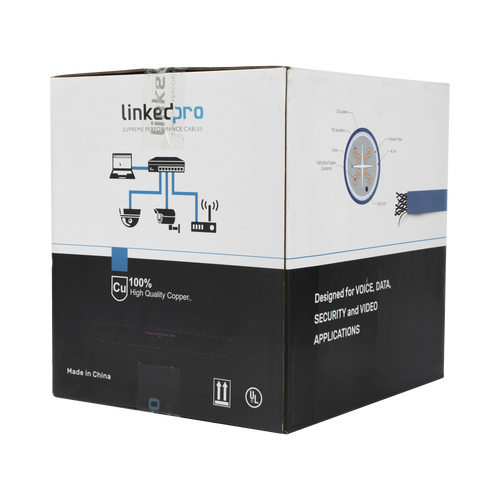 Bobina de cable de 305 metros Cat6+ Blindado F/UTP, CM, CALIBRE 23 ALTO RENDIMIENTO, ETL,UL, color azul, super flexible, para aplicaciones de video vigilancia, video HD, y redes de datos. Uso interior.
