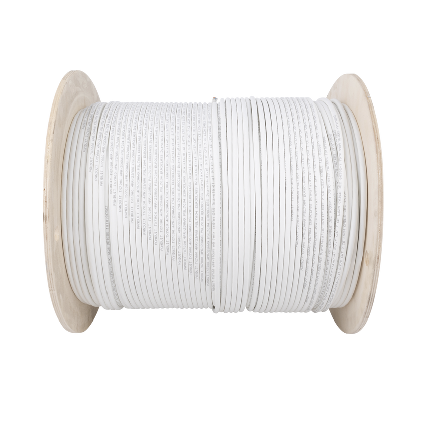 Bobina de Cable Blindado S/FTP de 4 Pares, Cat7, Inmune a Ruido e Interferencias, LSZH (Bajo Humo, Cero Halógenos), Color Blanco, Bobina de 500 Metros (1640 Pies)