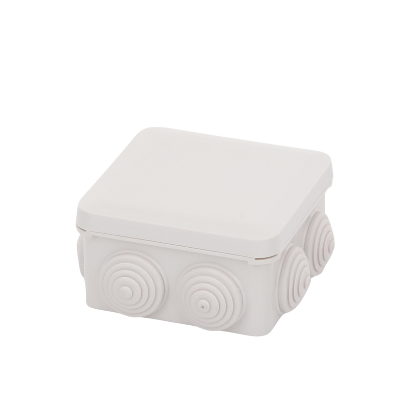 Caja Estanca, Derivación, Conexión de Plástico (89 X 89 X 50 mm) con 7 Glándulas de Goma. Para Instalaciones Comerciales,  Residenciales e Industriales. Cerrado a Presión.