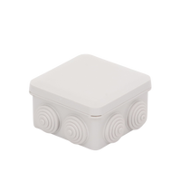 Caja Estanca, Derivación, Conexión de Plástico (89 X 89 X 50 mm) con 7 Glándulas de Goma. Para Instalaciones Comerciales,  Residenciales e Industriales. Cerrado a Presión.