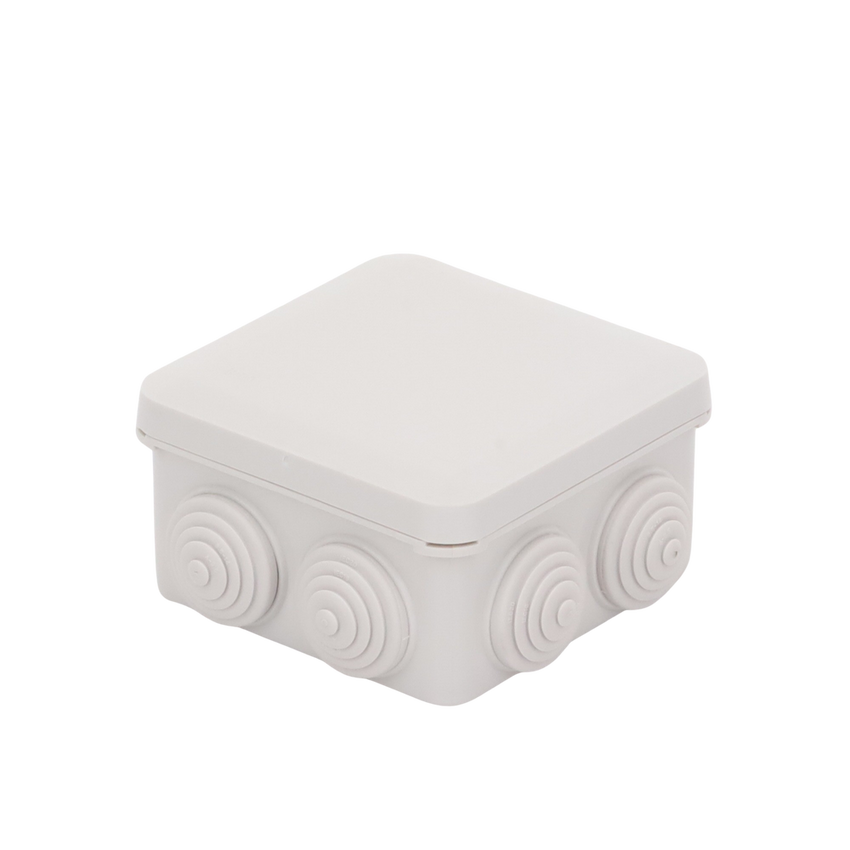 Caja Estanca, Derivación, Conexión de Plástico (89 X 89 X 50 mm) con 7 Glándulas de Goma. Para Instalaciones Comerciales,  Residenciales e Industriales. Cerrado a Presión.