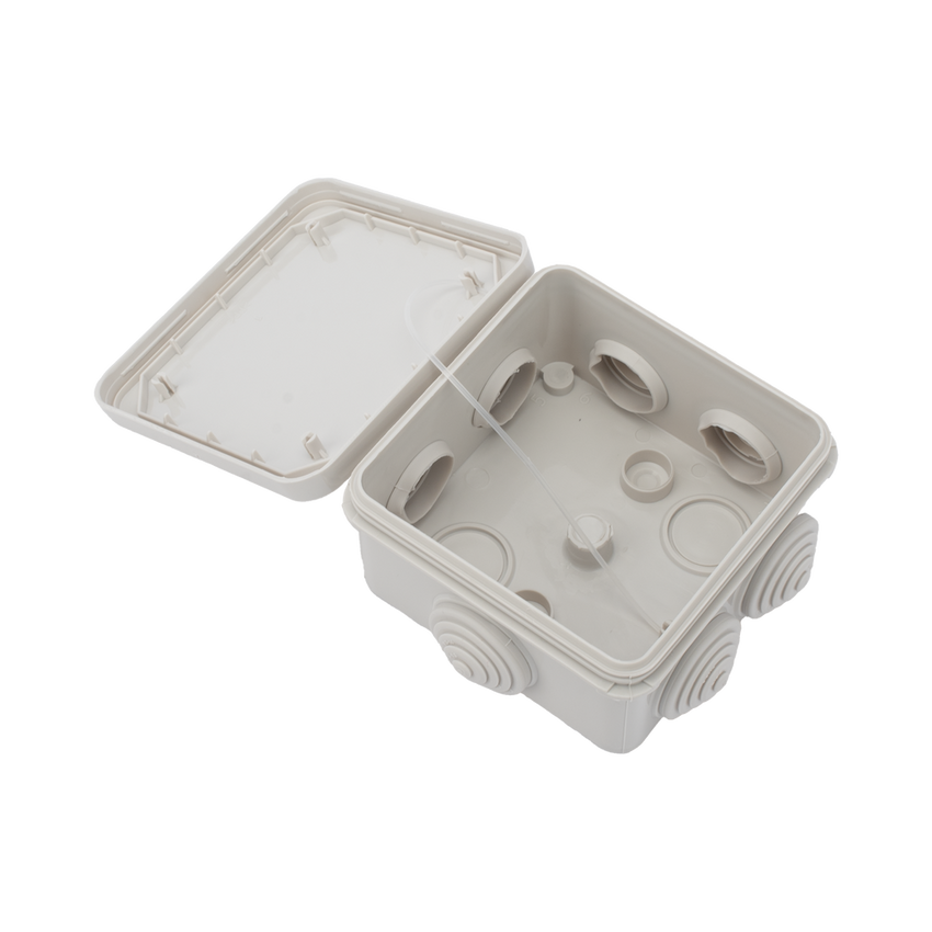 Caja Estanca, Derivación, Conexión de Plástico (89 X 89 X 50 mm) con 7 Glándulas de Goma. Para Instalaciones Comerciales,  Residenciales e Industriales. Cerrado a Presión.